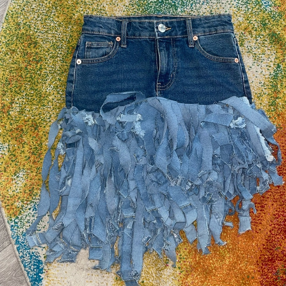Custom Denim Fringe Skirt